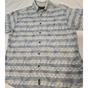 John Rich & Bros Woolrich Blue Horizontal Fish Short Sleeve Mens Button Up Sz L
